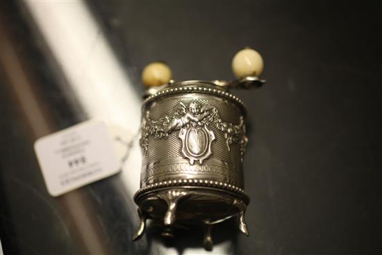 An ornate 19th century French silver drum shaped peppermill, 4in.